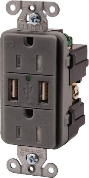 Hubbell Wiring Device-Kellems - 2 USB Port, 2 Receptacle, 125 VAC, 5 VDC USB Receptacle - 5-15R NEMA Configuration, 15 Amp, Gray, 3.8 Amp Charging Power, LED Indicator Light - A1 Tooling