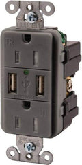 Hubbell Wiring Device-Kellems - 2 USB Port, 2 Receptacle, 125 VAC, 5 VDC USB Receptacle - 5-15R NEMA Configuration, 15 Amp, Gray, 3.8 Amp Charging Power, LED Indicator Light - A1 Tooling