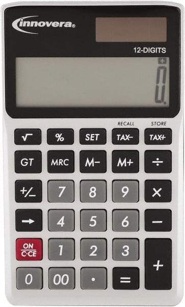 innovera - 12-Digit LCD 4 Function Handheld Calculator - 14mm Display Size, Silver & Black, Solar & Battery Powered - A1 Tooling