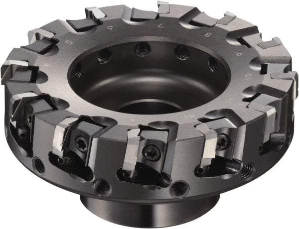 Sumitomo - 100mm Cut Diam, 1/2" Arbor Hole, 50mm Max Depth of Cut, 90° Indexable Chamfer & Angle Face Mill - 12 Inserts, NF-LDEN Insert, Right Hand Cut, 12 Flutes, Through Coolant, Series HF - A1 Tooling