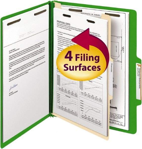 SMEAD - 8-1/2 x 11", Letter Size, Green, Classification Folders with Top Tab Fastener - 14 Point Stock, Right of Center Tab Cut Location - A1 Tooling