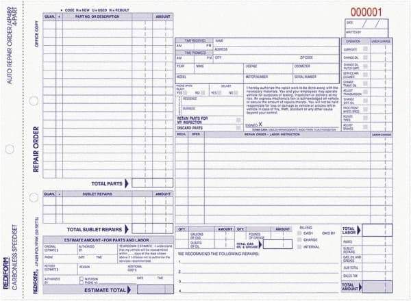 REDIFORM - 50 Sheet, 8-1/2 x 11", Auto Repair Form - White & Blue - A1 Tooling