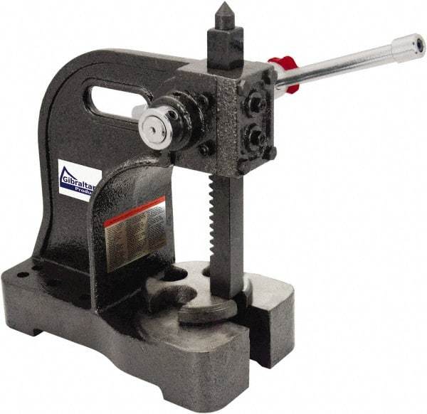 Gibraltar - 1-1/2" Ram, 5-1/4" Throat Depth, 3 Ton Manual Arbor Press - 12-1/2" Max Work Height x 16-1/2" Max Work Width, Single Leverage, 20:1 Leverage Ratio, 8-1/2" Base Width x 10" Base Depth - A1 Tooling