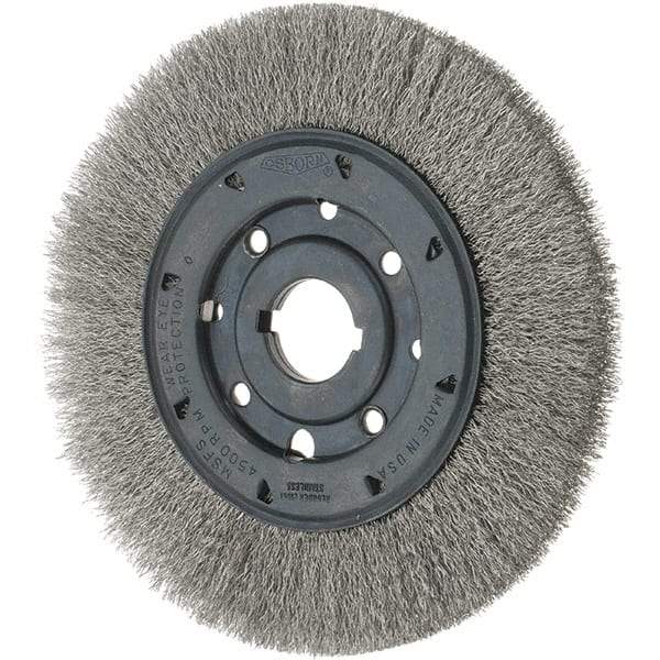 Osborn - 8" OD, 1-1/4" Arbor Hole, Crimped Stainless Steel Wheel Brush - 3/4" Face Width, 1-1/2" Trim Length, 0.01" Filament Diam, 4,500 RPM - A1 Tooling