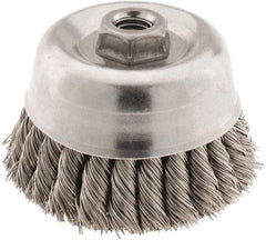 Osborn - 4" Diam, 5/8-11 Threaded Arbor, Stainless Steel Fill Cup Brush - 0.02 Wire Diam, 1-1/4" Trim Length, 6,000 Max RPM - A1 Tooling