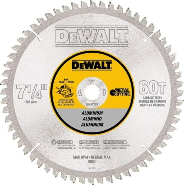 DeWALT - 7-1/4" Diam, 5/8" Arbor Hole Diam, 60 Tooth Wet & Dry Cut Saw Blade - High Speed Steel, Crosscut Action, Standard Round Arbor - A1 Tooling