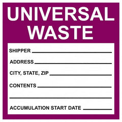 NMC - Universal Label - Legend: Universal Waste - Shipper__________ Address____ City,State,Zip____ Contents________ Accumulation Start Date ______, English, Purple & Black, 6" Long x 6" High, Sign Muscle Finish - A1 Tooling