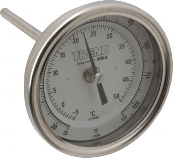 Wika - 4 Inch Long Stem, 3 Inch Dial Diameter, Stainless Steel, Back Connected Bi-Metal Thermometer - -5 to 50°C, 1% Accuracy - A1 Tooling