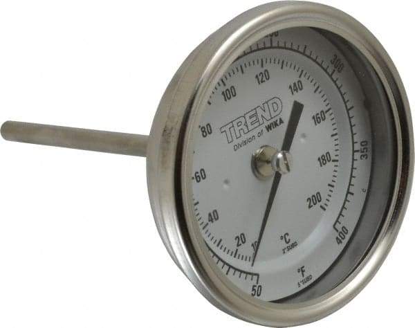 Wika - 4 Inch Long Stem, 3 Inch Dial Diameter, Stainless Steel, Back Connected Bi-Metal Thermometer - 10 to 200°C, 1% Accuracy - A1 Tooling