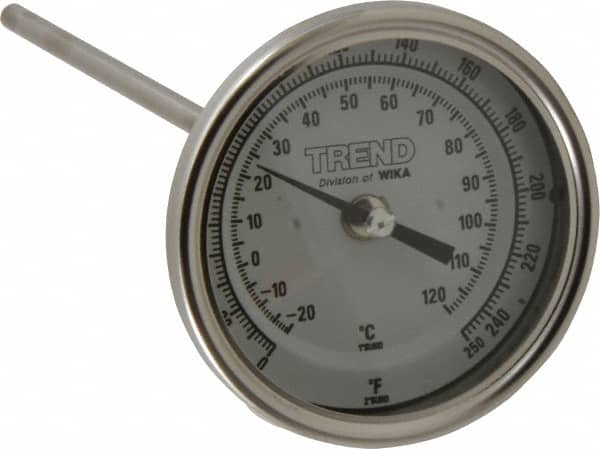 Wika - 9 Inch Long Stem, 3 Inch Dial Diameter, Stainless Steel, Back Connected Bi-Metal Thermometer - -20 to 120°C, 1% Accuracy - A1 Tooling