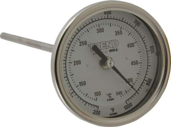 Wika - 9 Inch Long Stem, 3 Inch Dial Diameter, Stainless Steel, Back Connected Bi-Metal Thermometer - 100 to 540°C, 1% Accuracy - A1 Tooling