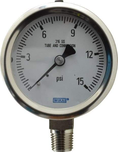 Wika - 2-1/2" Dial, 1/4 Thread, 0-15 Scale Range, Pressure Gauge - Lower Connection Mount, Accurate to 1.5% of Scale - A1 Tooling