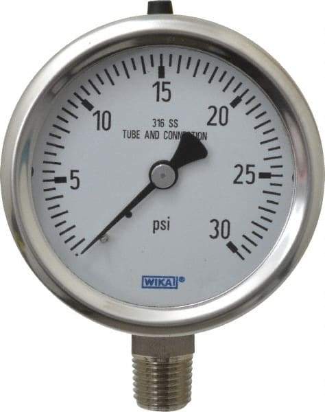 Wika - 2-1/2" Dial, 1/4 Thread, 0-30 Scale Range, Pressure Gauge - Lower Connection Mount, Accurate to 1.5% of Scale - A1 Tooling