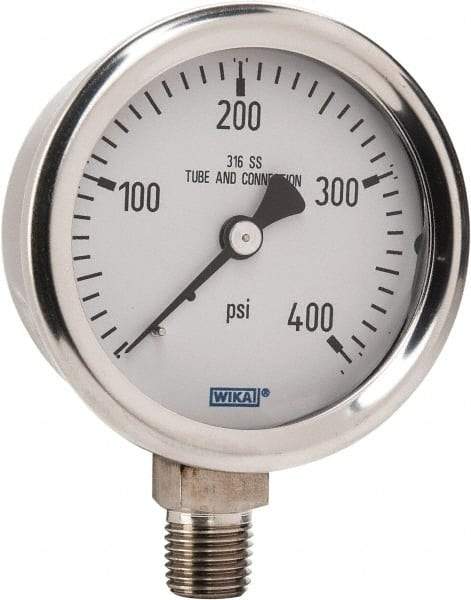 Wika - 2-1/2" Dial, 1/4 Thread, 0-400 Scale Range, Pressure Gauge - Lower Connection Mount, Accurate to 1.5% of Scale - A1 Tooling