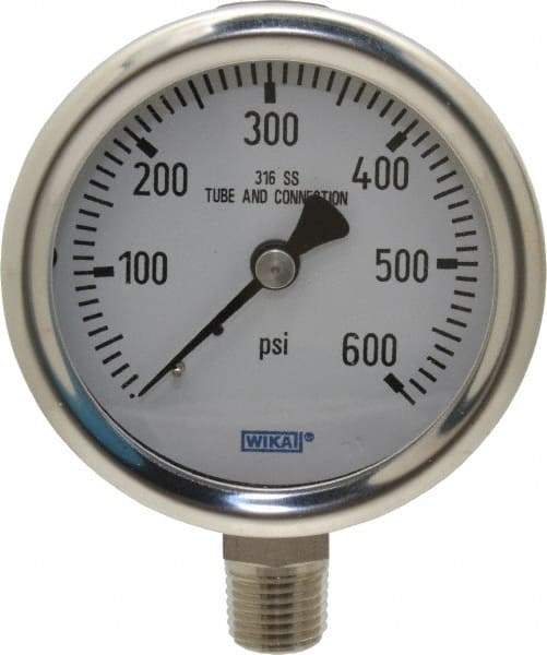 Wika - 2-1/2" Dial, 1/4 Thread, 0-600 Scale Range, Pressure Gauge - Lower Connection Mount, Accurate to 1.5% of Scale - A1 Tooling