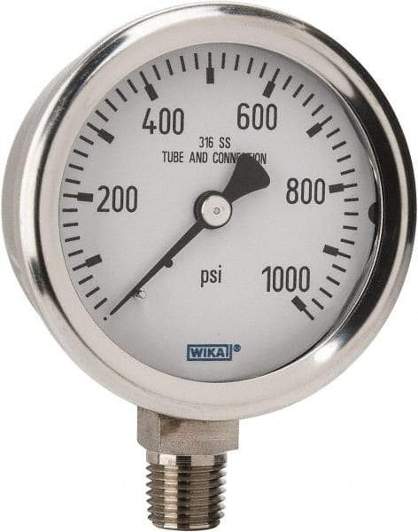 Wika - 2-1/2" Dial, 1/4 Thread, 0-1,000 Scale Range, Pressure Gauge - Lower Connection Mount, Accurate to 1.5% of Scale - A1 Tooling