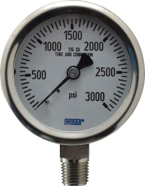 Wika - 2-1/2" Dial, 1/4 Thread, 0-3,000 Scale Range, Pressure Gauge - Lower Connection Mount, Accurate to 1.5% of Scale - A1 Tooling