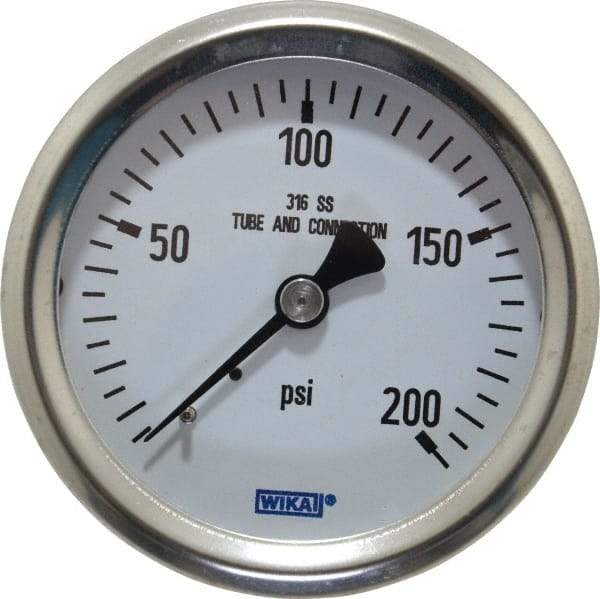 Wika - 2-1/2" Dial, 1/4 Thread, 0-200 Scale Range, Pressure Gauge - Center Back Connection Mount, Accurate to 1.5% of Scale - A1 Tooling