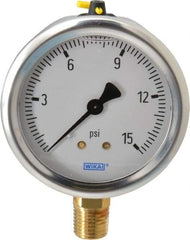 Wika - 2-1/2" Dial, 1/4 Thread, 0-15 Scale Range, Pressure Gauge - Lower Connection Mount, Accurate to 1.5% of Scale - A1 Tooling