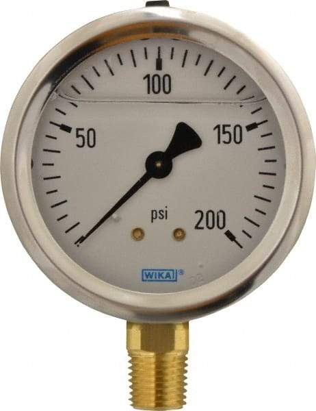 Wika - 2-1/2" Dial, 1/4 Thread, 0-200 Scale Range, Pressure Gauge - Lower Connection Mount, Accurate to 1.5% of Scale - A1 Tooling