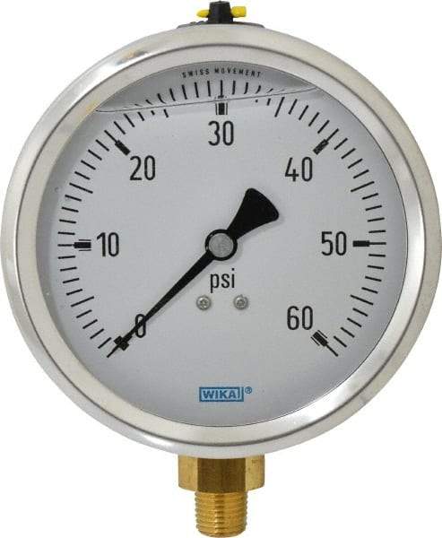 Wika - 4" Dial, 1/4 Thread, 0-60 Scale Range, Pressure Gauge - Lower Connection Mount, Accurate to 1% of Scale - A1 Tooling