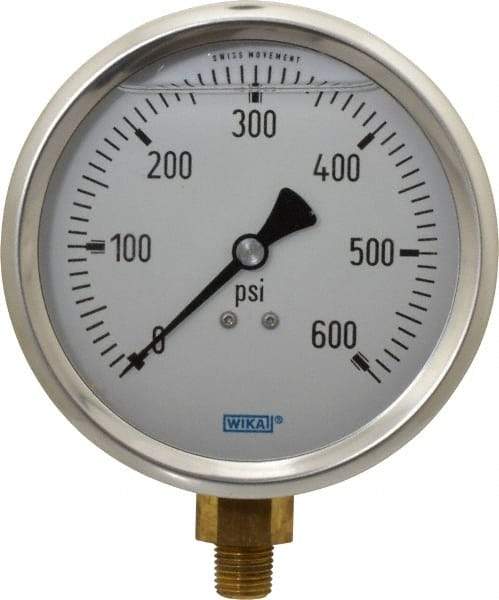 Wika - 4" Dial, 1/4 Thread, 0-600 Scale Range, Pressure Gauge - Lower Connection Mount, Accurate to 1% of Scale - A1 Tooling