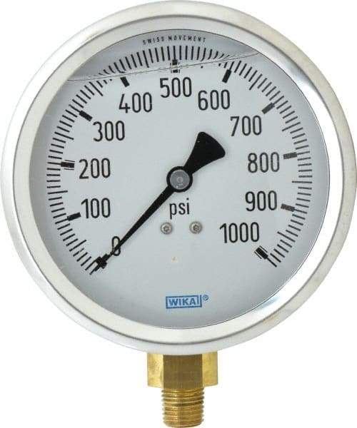 Wika - 4" Dial, 1/4 Thread, 0-1,000 Scale Range, Pressure Gauge - Lower Connection Mount, Accurate to 1% of Scale - A1 Tooling