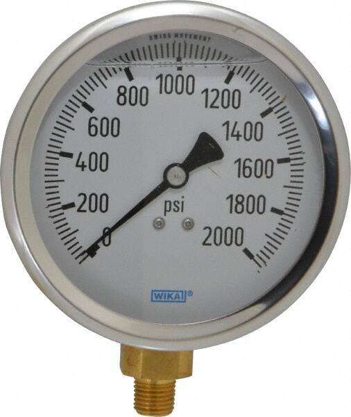 Wika - 4" Dial, 1/4 Thread, 0-2,000 Scale Range, Pressure Gauge - Lower Connection Mount, Accurate to 1% of Scale - A1 Tooling