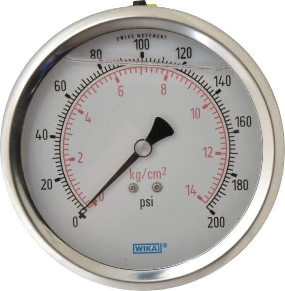 Wika - 4" Dial, 1/4 Thread, 0-200 Scale Range, Pressure Gauge - Lower Back Connection Mount, Accurate to 1% of Scale - A1 Tooling