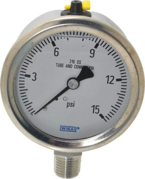 Wika - 2-1/2" Dial, 1/4 Thread, 0-15 Scale Range, Pressure Gauge - Lower Connection Mount, Accurate to 1.5% of Scale - A1 Tooling