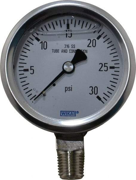 Wika - 2-1/2" Dial, 1/4 Thread, 0-30 Scale Range, Pressure Gauge - Lower Connection Mount, Accurate to 1.5% of Scale - A1 Tooling