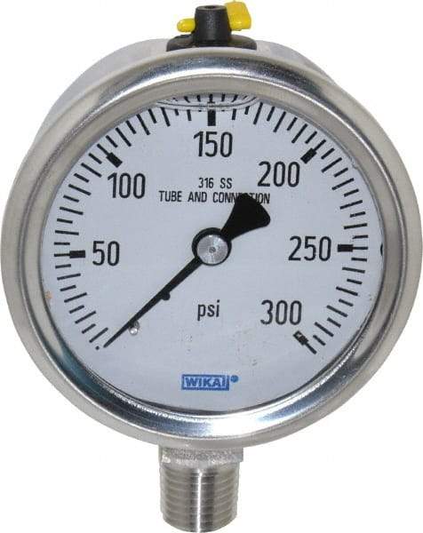 Wika - 2-1/2" Dial, 1/4 Thread, 0-300 Scale Range, Pressure Gauge - Lower Connection Mount, Accurate to 1.5% of Scale - A1 Tooling