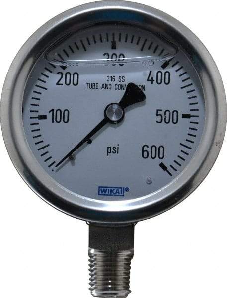 Wika - 2-1/2" Dial, 1/4 Thread, 0-600 Scale Range, Pressure Gauge - Lower Connection Mount, Accurate to 1.5% of Scale - A1 Tooling