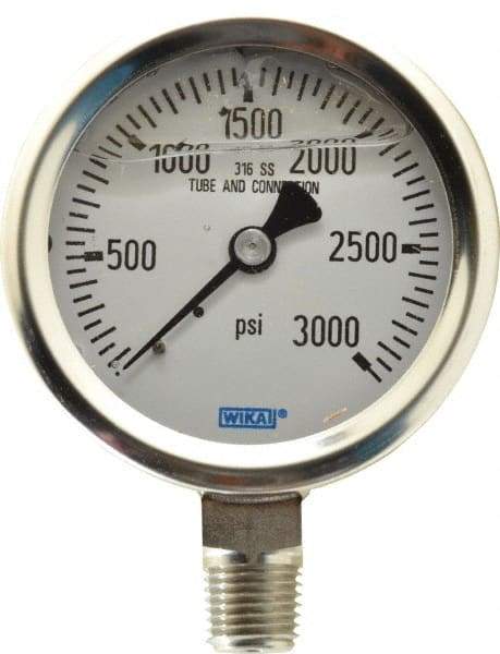 Wika - 2-1/2" Dial, 1/4 Thread, 0-3,000 Scale Range, Pressure Gauge - Lower Connection Mount, Accurate to 1.5% of Scale - A1 Tooling