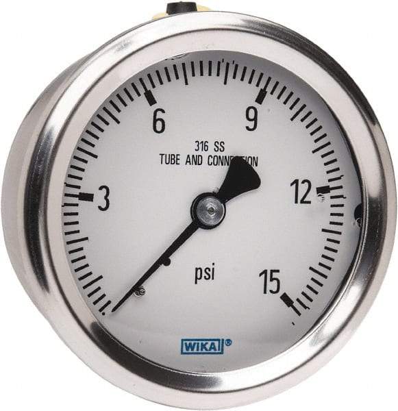 Wika - 2-1/2" Dial, 1/4 Thread, 0-15 Scale Range, Pressure Gauge - Center Back Connection Mount, Accurate to 1.5% of Scale - A1 Tooling