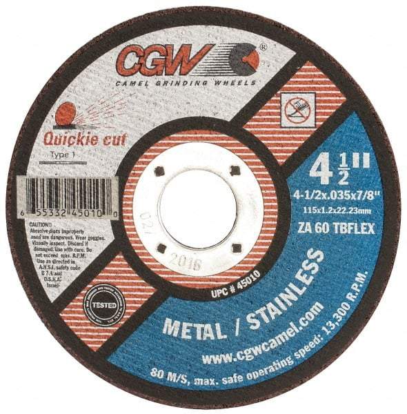 Camel Grinding Wheels - 4-1/2" 60 Grit Aluminum Oxide Cutoff Wheel - 0.035" Thick, 7/8" Arbor, 13,300 Max RPM, Use with Angle Grinders - A1 Tooling