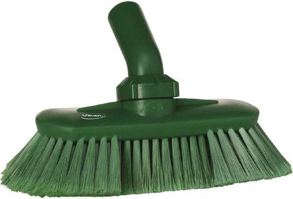 Vikan - 1-1/2" Bristle Length, Polyester Wash Brush - 7-3/4" Long x 3" Wide Head, 8" OAL, European Threaded Handle, Green, Polypropylene Block, Flagged - A1 Tooling