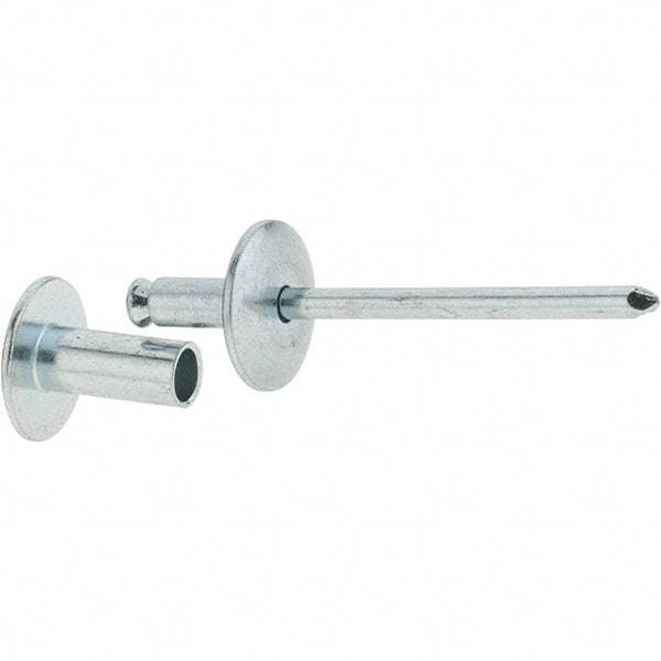 RivetKing - Size 8-12 Dome Head Steel Flush on Both Sides Blind Rivet - Steel Mandrel, 5/8" to 3/4" Grip, 5/8" Head Diam, 0.255" Min Hole Diam, 0.58" Length Under Head, 1/4" Body Diam - A1 Tooling