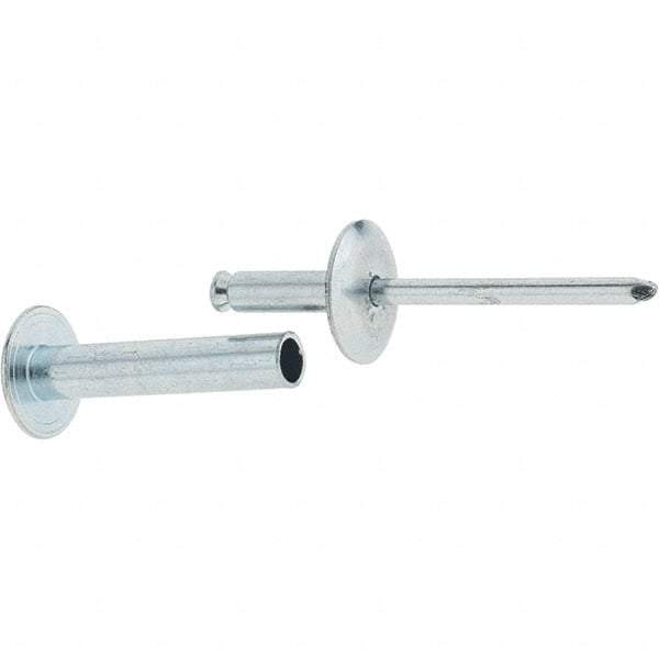 RivetKing - Size 8-26 Dome Head Steel Flush on Both Sides Blind Rivet - Steel Mandrel, 1-3/8" to 1-5/8" Grip, 5/8" Head Diam, 0.255" Min Hole Diam, 1.32" Length Under Head, 1/4" Body Diam - A1 Tooling