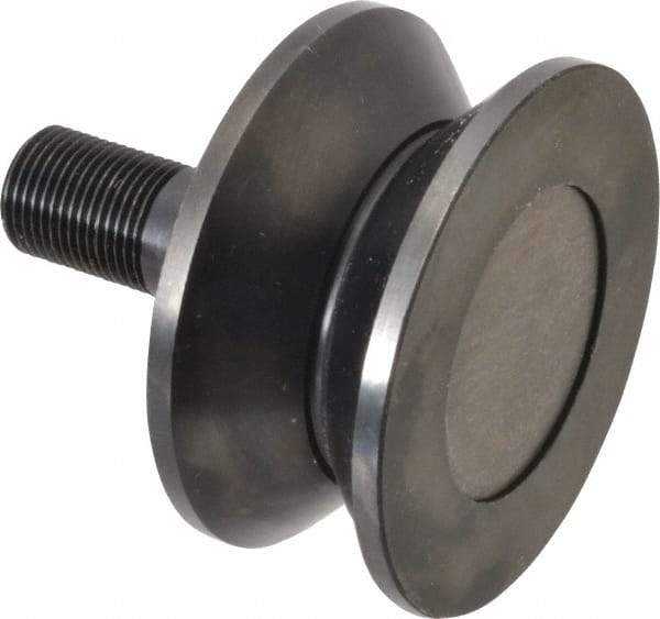 Accurate Bushing - 3-1/2" Roller Diam x 1-11/16" Width, 7/8" Stud Diam x 2" Length, V Guide Roller - Steel, 1-1/8" Thread Length, 7/8-14 Thread, 3,490 Lb Dynamic Cap, 2,000 Lb Static Cap - A1 Tooling