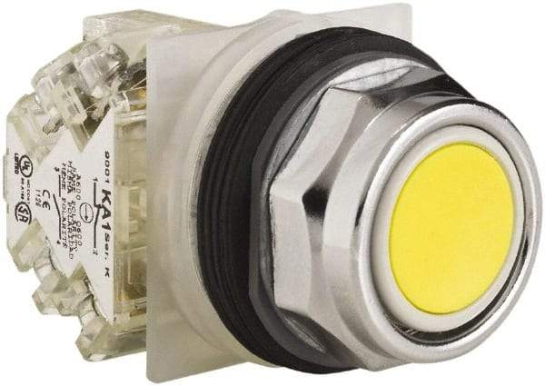 Schneider Electric - 30mm Mount Hole, Extended Straight, Pushbutton Switch with Contact Block - Yellow Pushbutton, Momentary (MO) - A1 Tooling