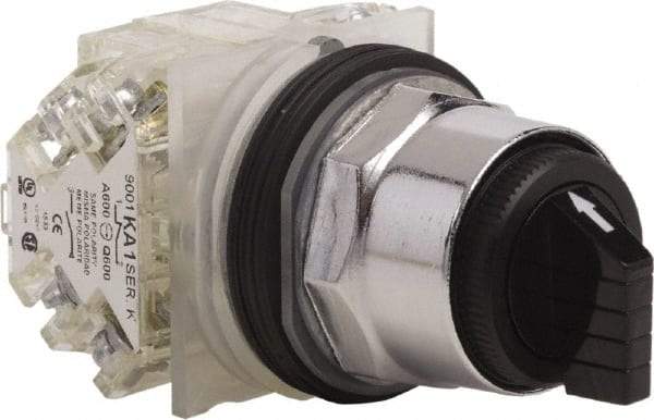 Schneider Electric - 1.18 Inch Mount Hole, 3 Position, Knob and Pushbutton Operated, Selector Switch - Black, Momentary (MO), 2NO/2NC, Weatherproof and Dust and Oil Resistant - A1 Tooling