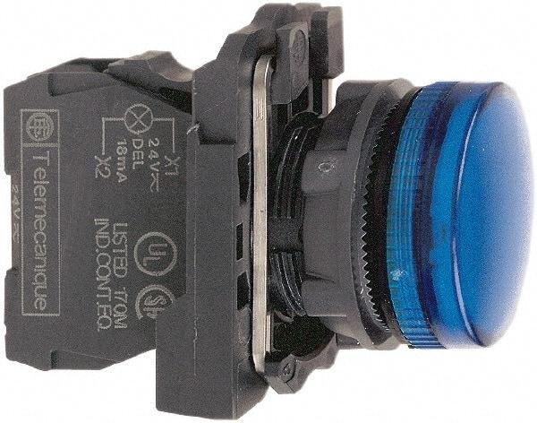 Schneider Electric - 230-240 VAC at 50/60 Hz Blue Lens LED Pilot Light - Round Lens, Screw Clamp Connector, 30mm Wide, Vibration Resistant, Water Resistant - A1 Tooling