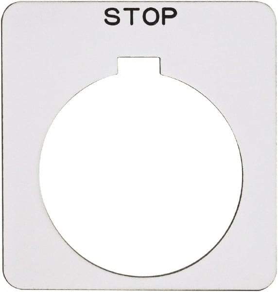 Schneider Electric - Square, Plastic Legend Plate - Stop - White Background, Black Letters, 1.22 Inch Hole Diameter, 1-3/4 Inch Square - A1 Tooling