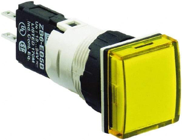 Schneider Electric - 12-24 VAC/VDC Yellow Lens LED Pilot Light - Square Lens, Quick Connect Connector, 18mm Wide, Vibration Resistant - A1 Tooling