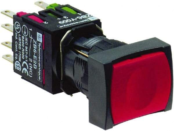 Schneider Electric - 16mm Mount Hole, Flush, Pushbutton Switch with Contact Block - Rectangle, Red Pushbutton, Momentary (MO) - A1 Tooling