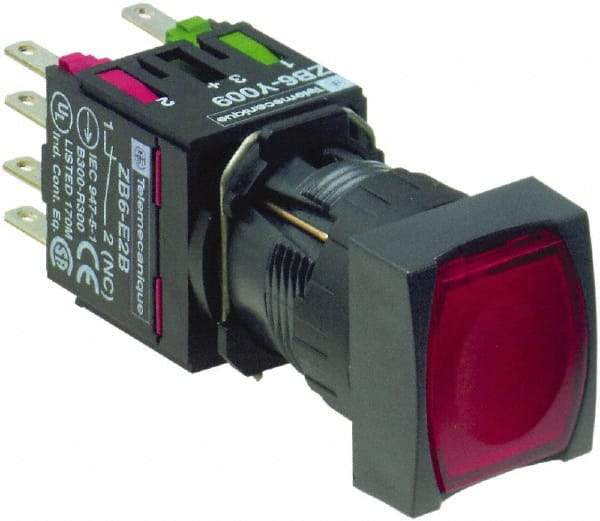 Schneider Electric - 16mm Mount Hole, Flush, Pushbutton Switch with Contact Block - Square, Red Pushbutton, Illuminated, Momentary (MO) - A1 Tooling