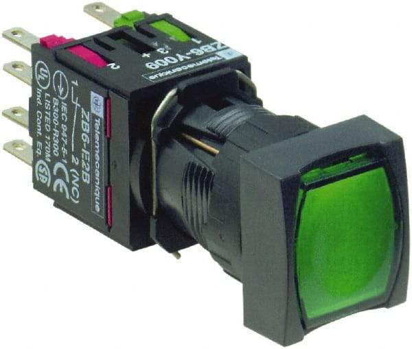 Schneider Electric - 16mm Mount Hole, Flush, Pushbutton Switch with Contact Block - Square, Green Pushbutton, Illuminated, Momentary (MO) - A1 Tooling