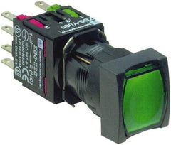 Schneider Electric - 16mm Mount Hole, Flush, Pushbutton Switch with Contact Block - Square, Green Pushbutton, Illuminated, Momentary (MO) - A1 Tooling