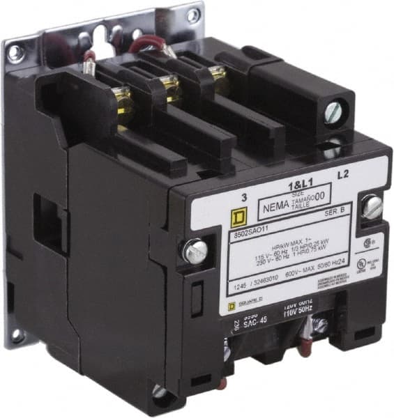 Square D - 2 Pole, 220 Coil VAC at 50 Hz, 240 Coil VAC at 60 Hz, 9 Amp NEMA Contactor - Open Enclosure, 50 Hz at 220 VAC and 60 Hz at 240 VAC - A1 Tooling